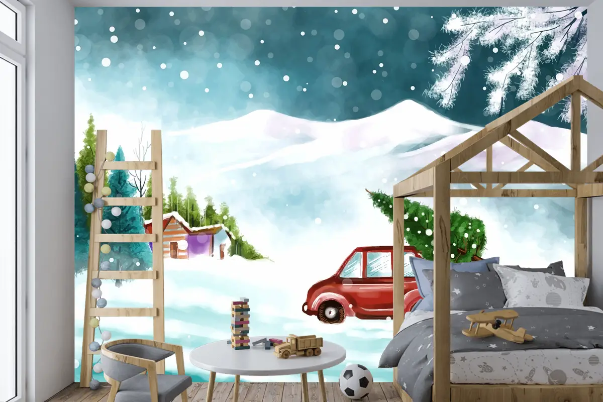 Karlı Noel Ağacında Arabayla Güzel Kış Manzarası Çocuk Odası Duvar Kağıdı