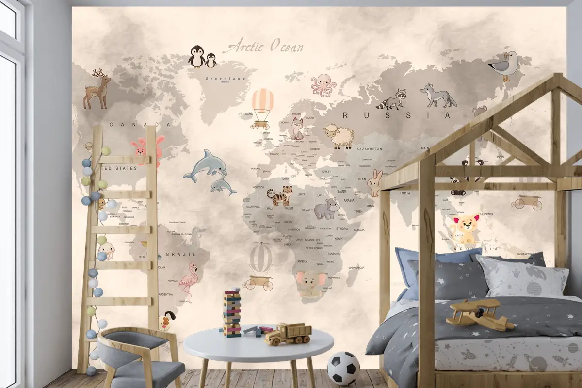 Bebek Hayvanlar Dünya Haritası Eğitici Çocuk Odası Duvar Kağıdı