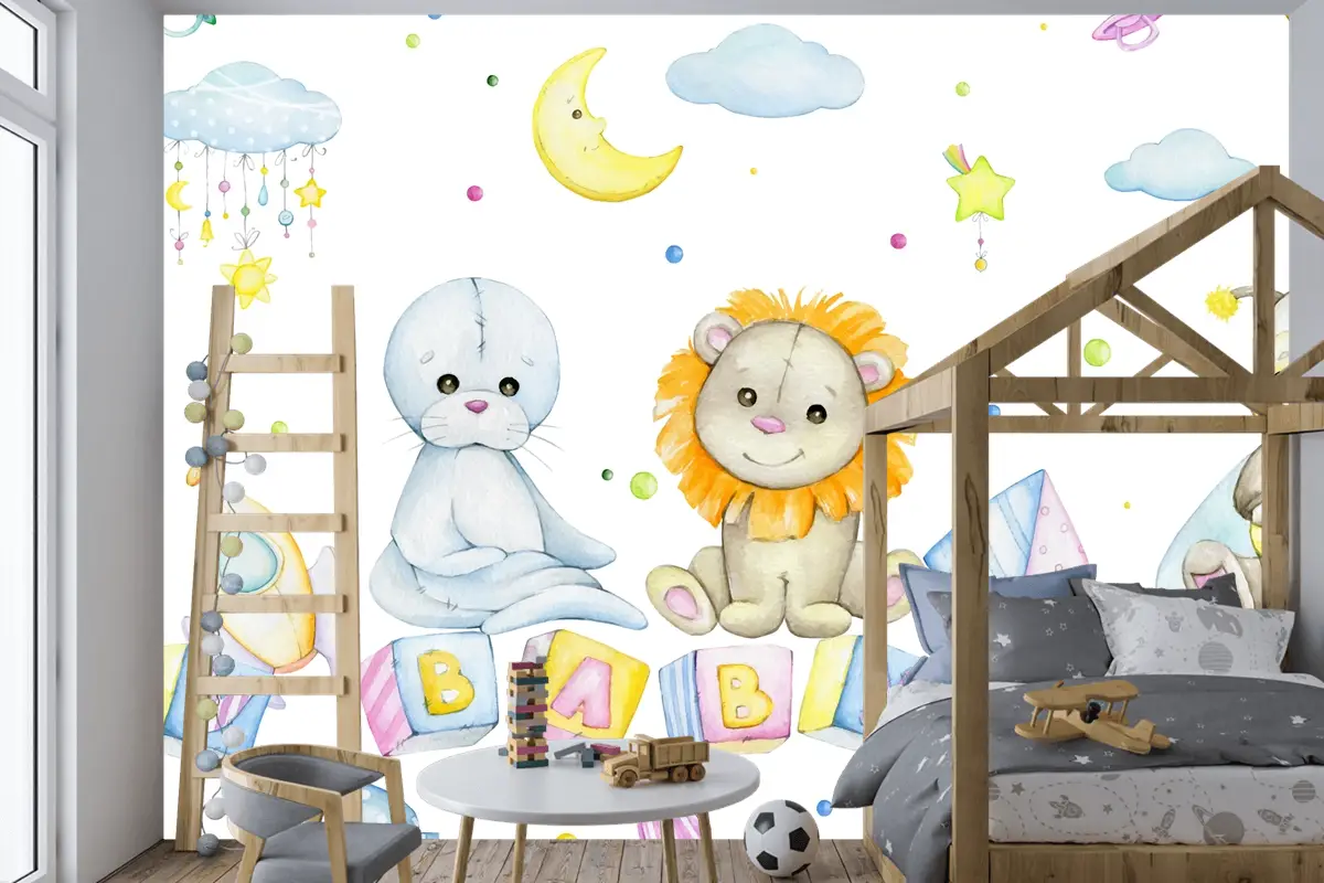 Arı Aslan Mühür Küpleri Harflerle Ay Yıldız Bulutlar Çocuk Odası Duvar Kağıdı