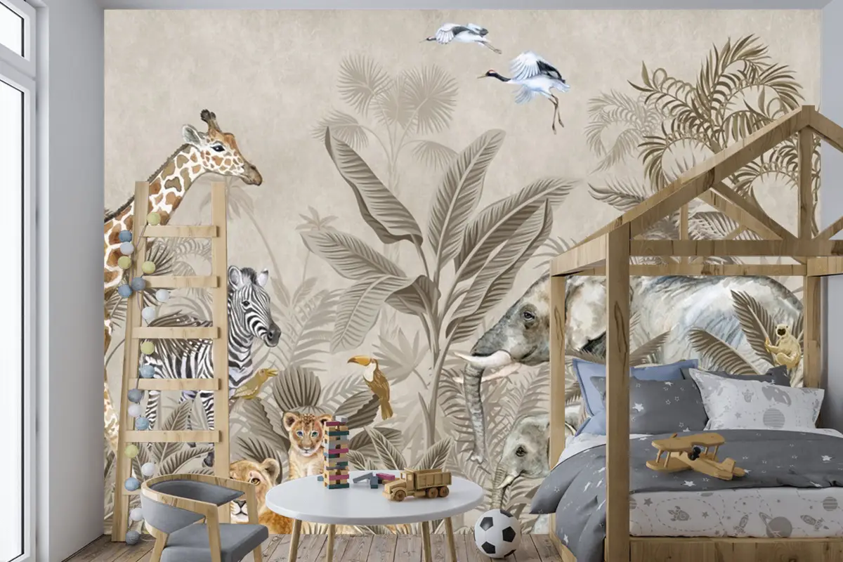 Bej Suluboya Safari Hayvanları Çocuk Odası Duvar Kağıdı