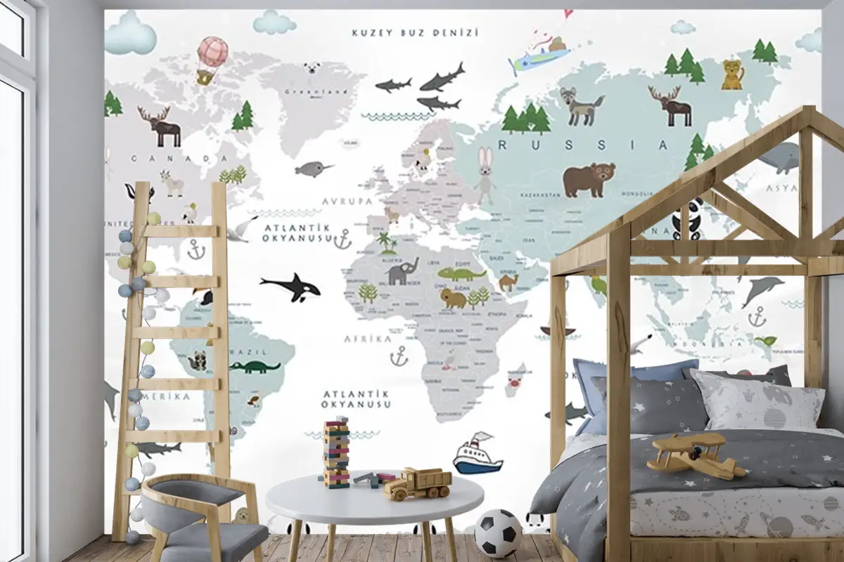 Beyaz Zemin Çocuk Odası Dünya Haritası
