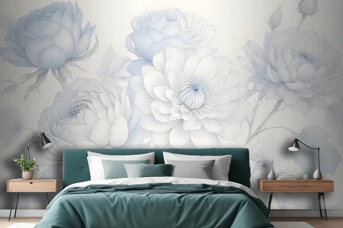 Mavi Büyük Resimli Güller Yatak Odası Duvar Kağıdı