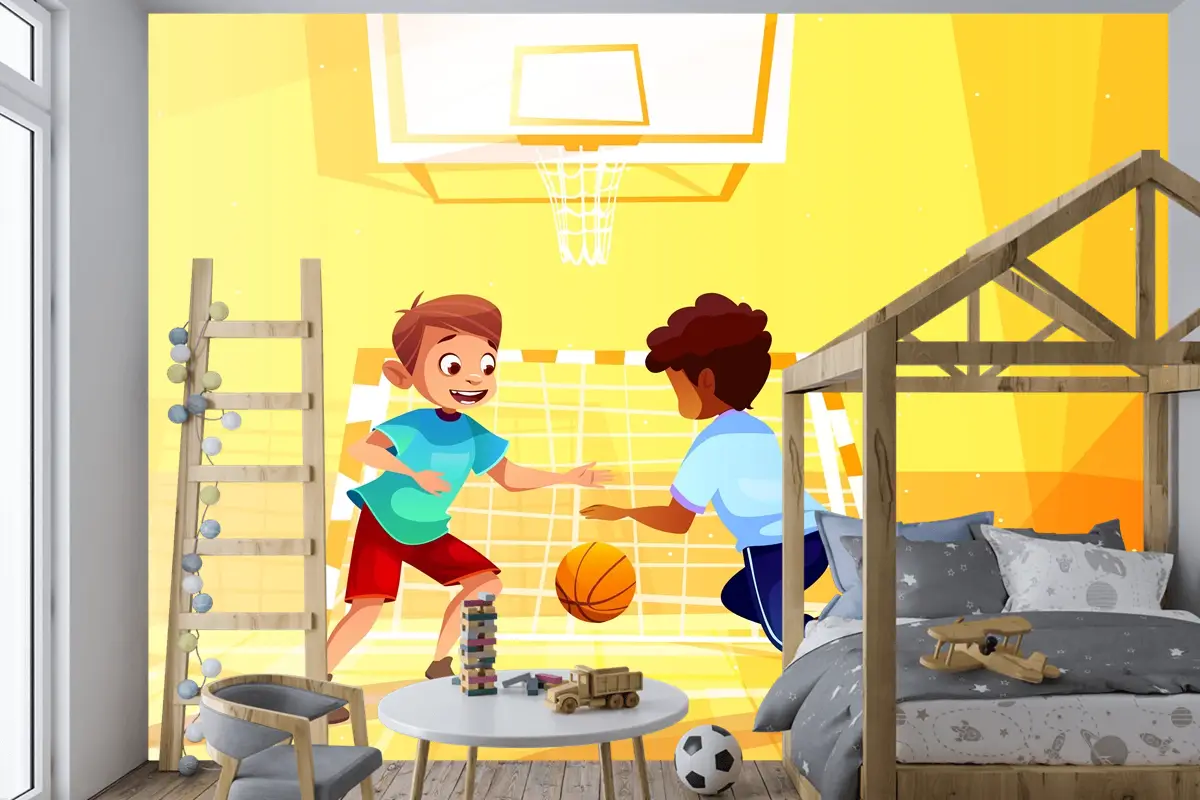 Okulda Topla Basketbol Oynayan Çocuk Odası Duvar Kağıdı