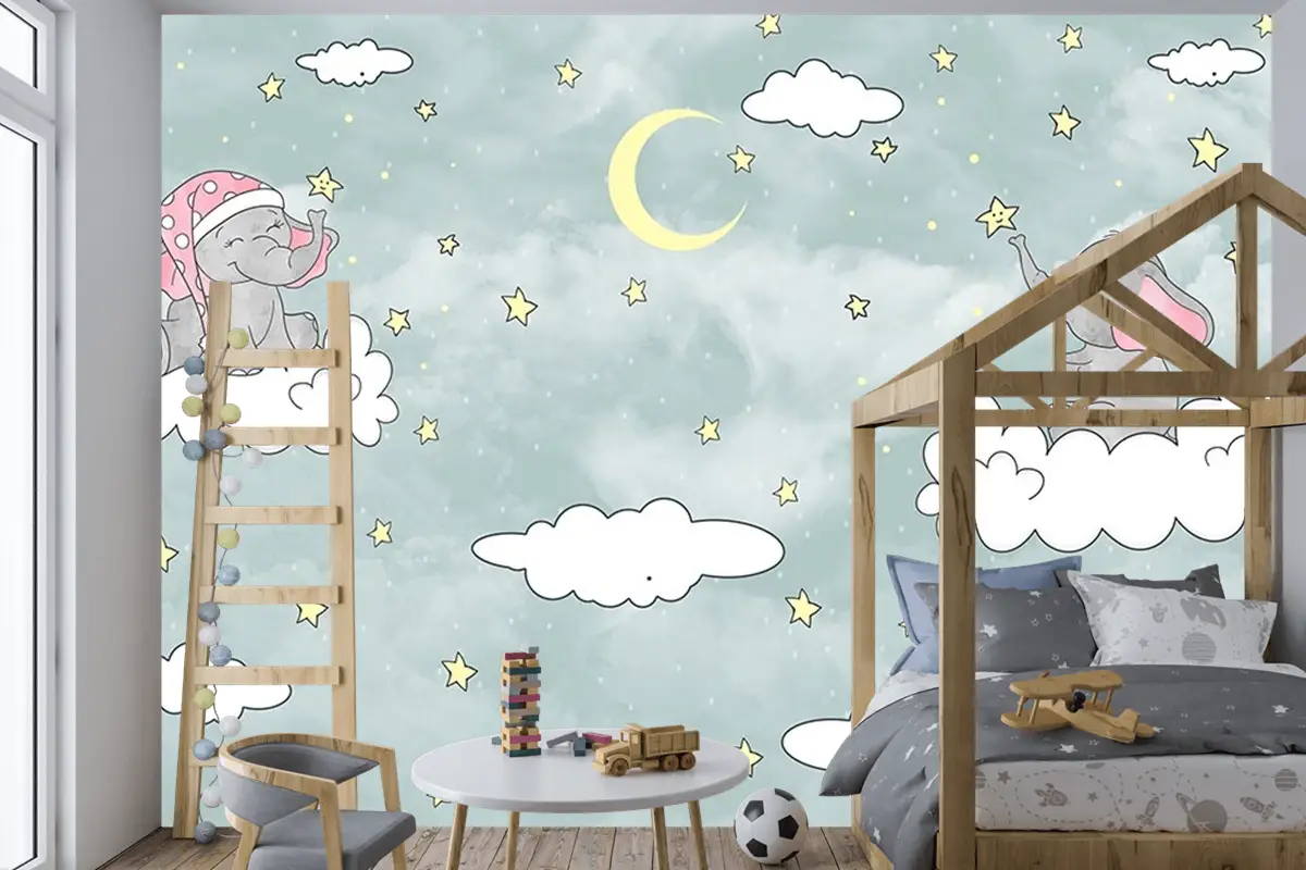 Bulut Üzerinde Sevimli Filler Duvar Kağıdı