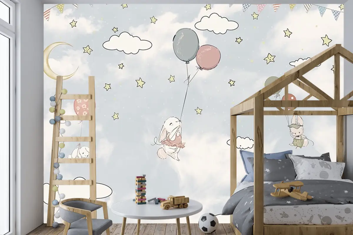 Bulutlar Arasında Balonlar Ve Tavşanlar Çocuk Odası Duvar Kağıdı