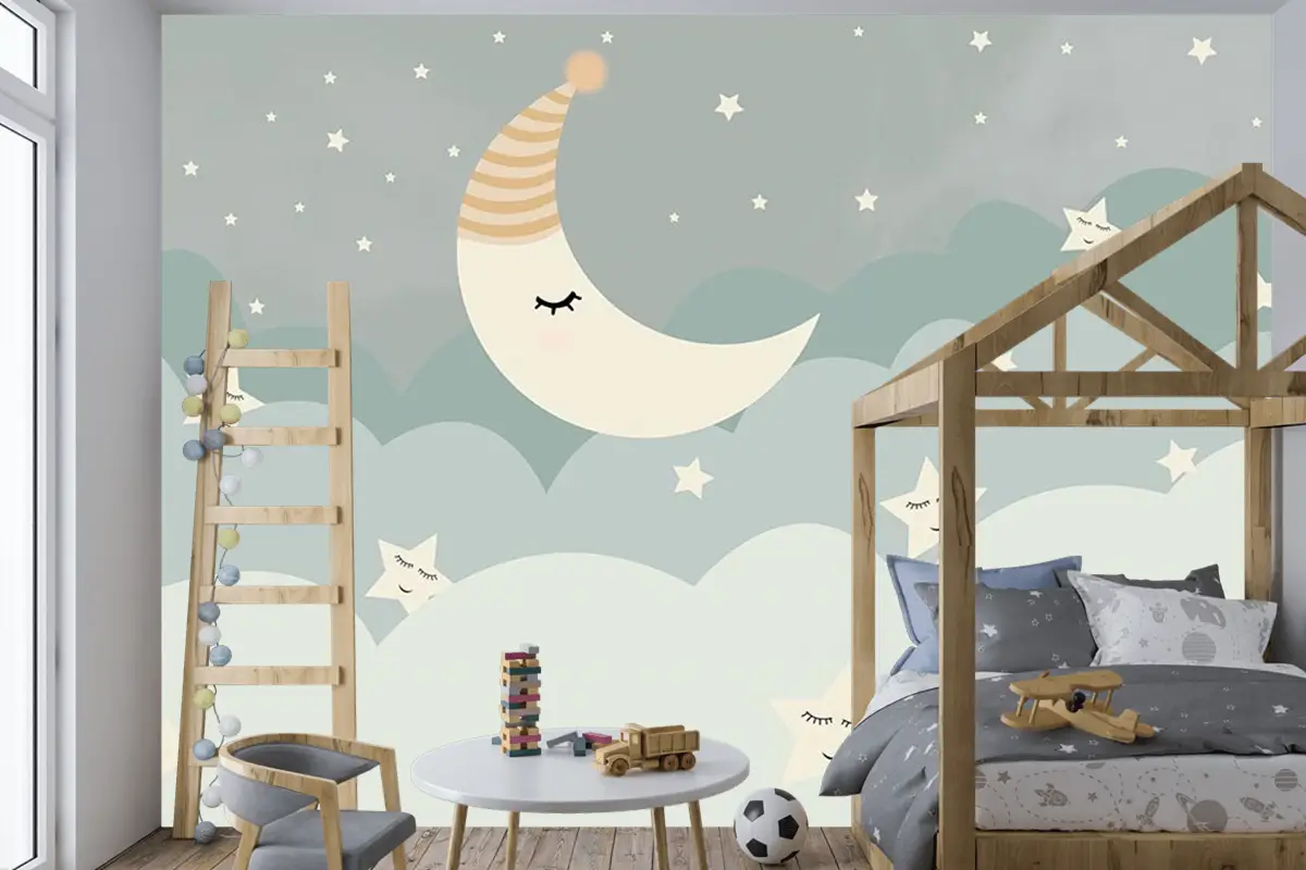 Bulutlar Ay Ve Yıldızlar Çocuk Odası Duvar Kağıdı