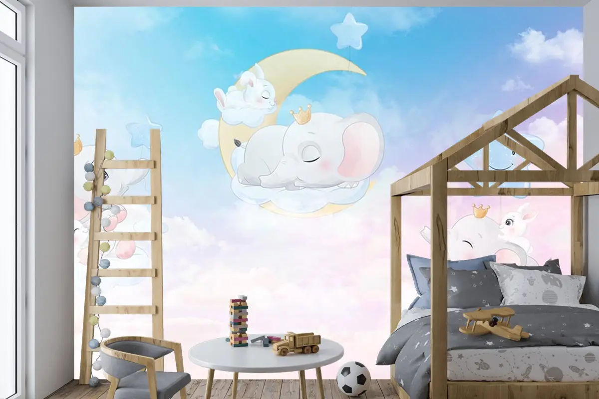 Bulutlar Üzerinde Mutlu Filler Çocuk Odası Duvar Kağıdı