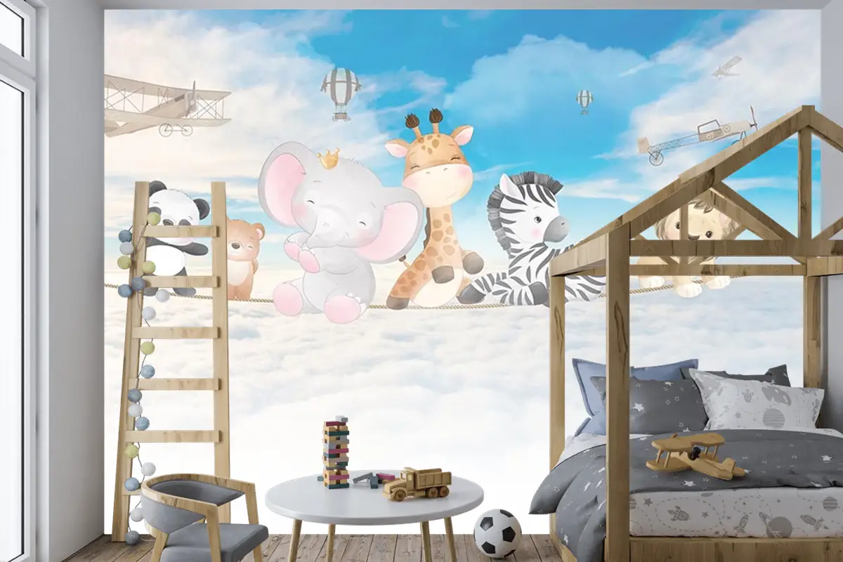 Bulutlar Üzerinde Mutlu Ve Sevimli Hayvanlar Çocuk Odası Duvar Kağıdı