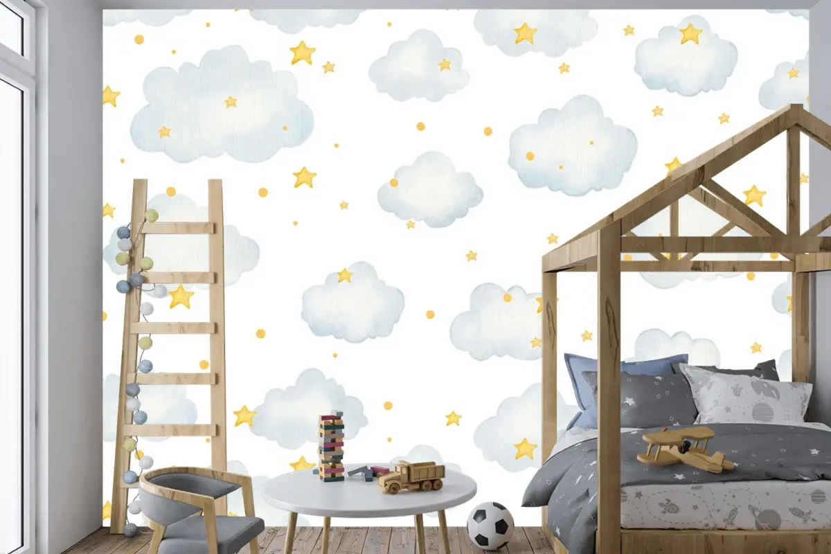 Bulutlu Ve Yıldızlı Çocuk Odası Duvar Kağıdı
