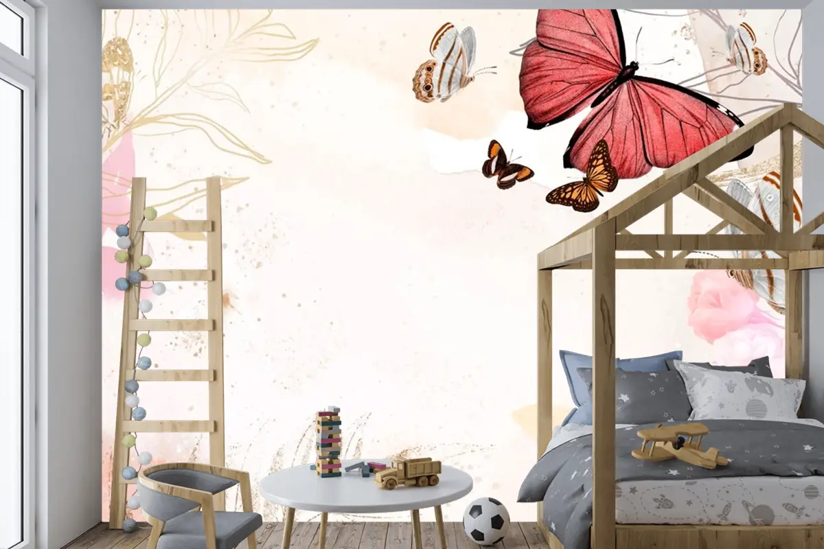 Kelebek Arka Plan Estetik Sınır Çiçekli Çocuk Odası Duvar Kağıdı