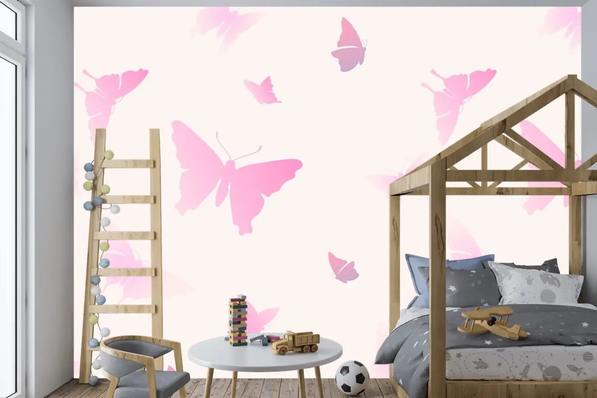 Kelebek Desenli Kadınsı Pembe Estetik Çocuk Odası Duvar Kağıdı