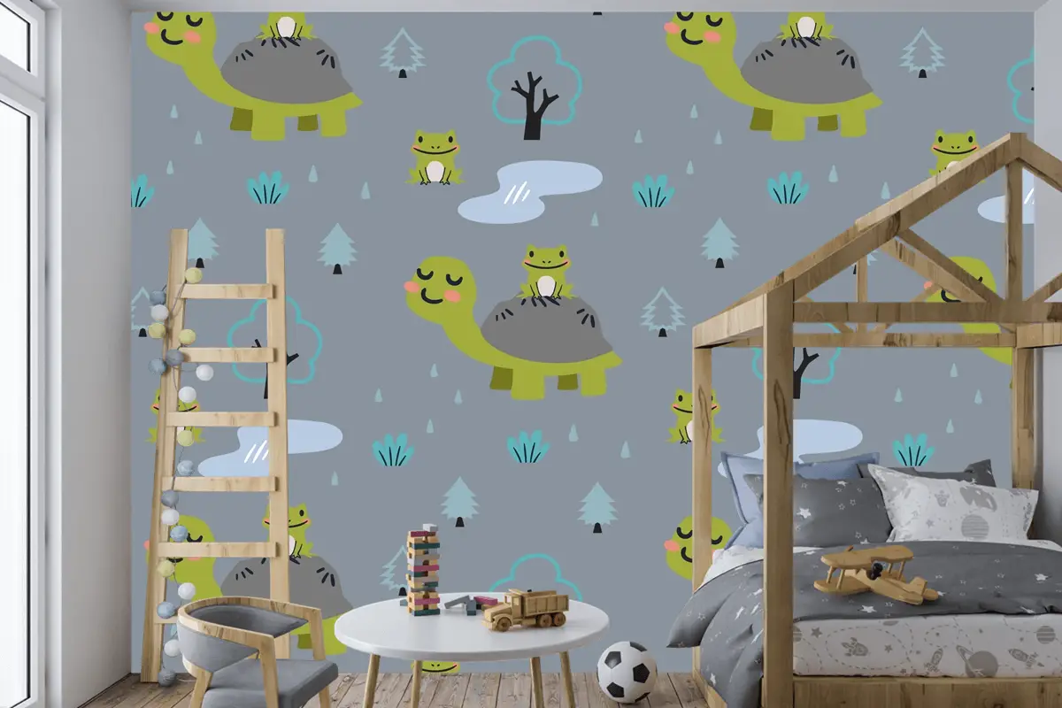 Sevimli Anne Kaplumbağa Ve Kurbağalar Ile Karikatür Hayvanlar Desen Çocuk Odası Duvar Kağıdı