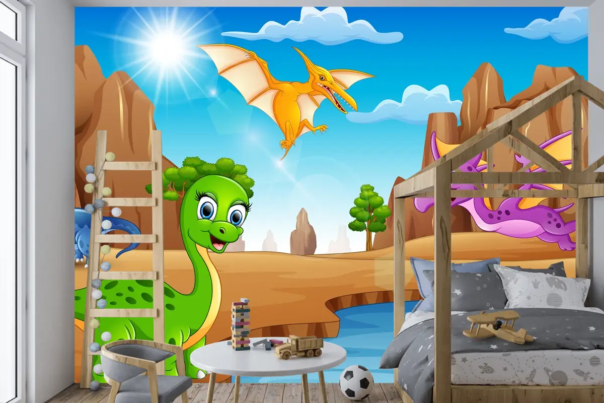 Çölde Yaşayan Karikatür Mutlu Dinozorlar Çocuk Odası Duvar Kağıdı