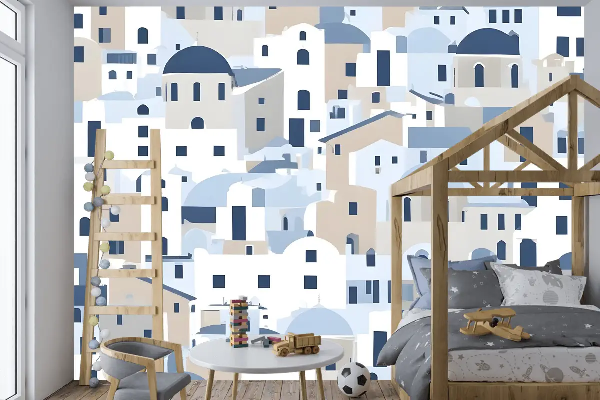 Karikatür Eski Mavi Yunan Evi Çocuk Odası Duvar Kağıdı