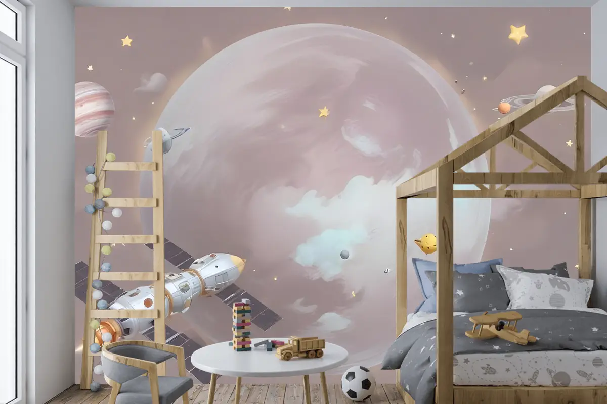 Karikatür Gezegenler Ve Yıldızlı Uzay Çocuk Odası Duvar Kağıdı