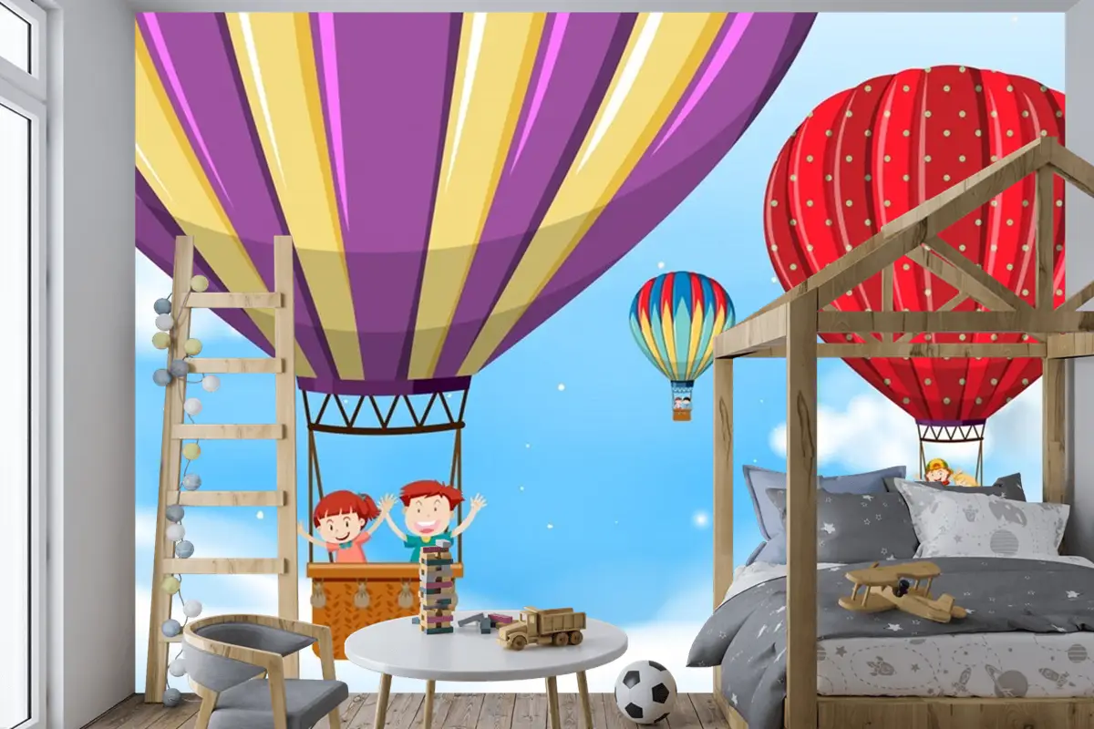Sıcak Hava Balonuna Binen Çocuklar Çocuk Odası Duvar Kağıdı 