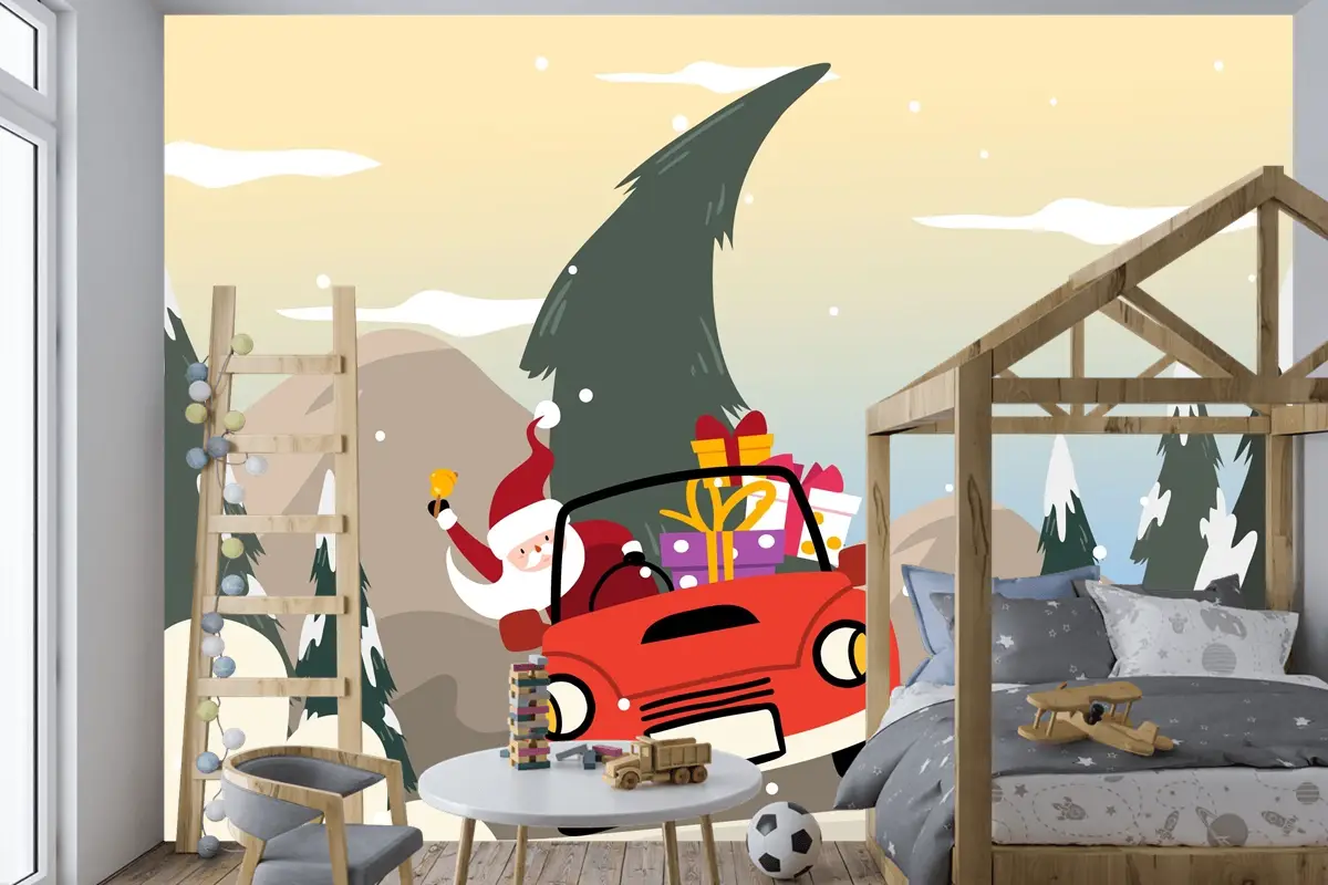 Düz Tasarım Çocuk Odası Duvar Kağıdı Duvarında Noel Arkaplanı