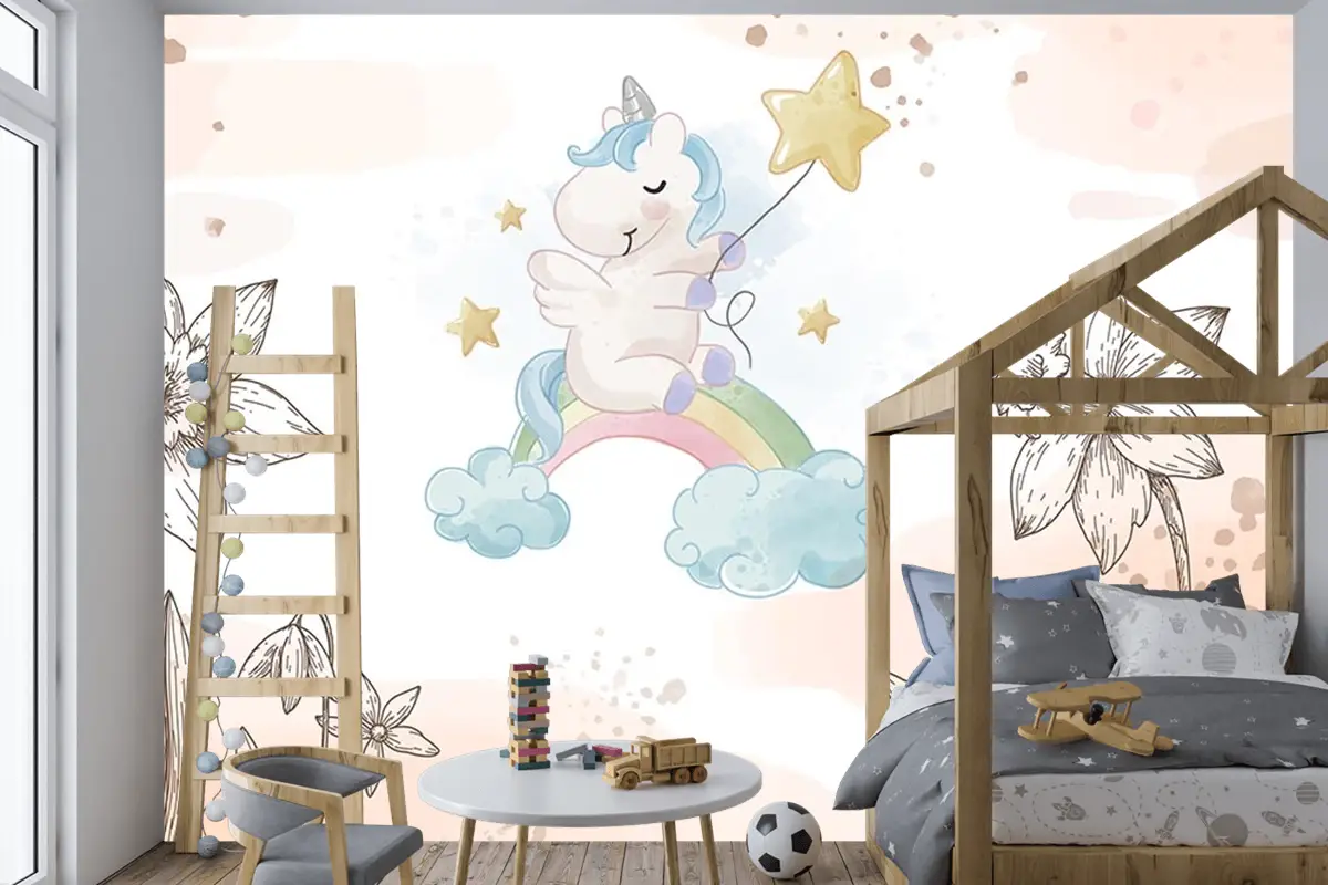 Çiçekler Arasında Unicorn Çocuk Odası Duvar Kağıdı