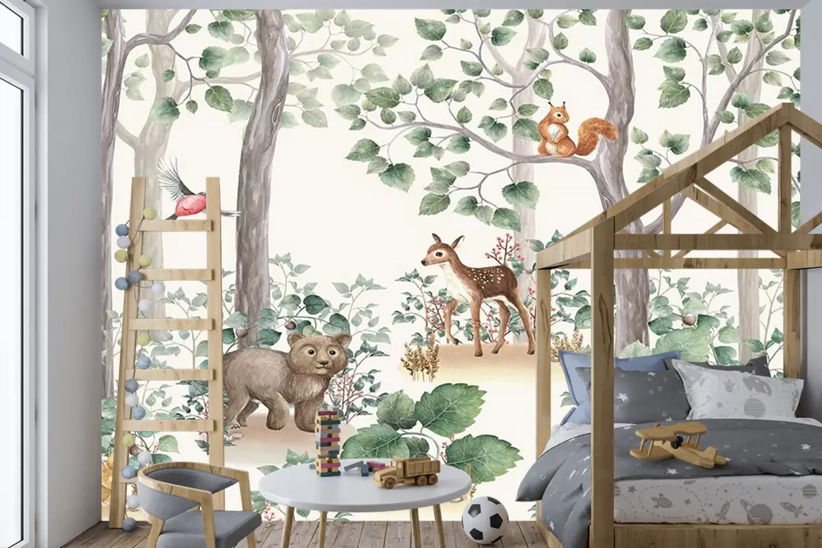 Çocuk Odaları Için Orman Ve Sevimli Hayvanlar Çocuk Odası Duvar Kağıdı