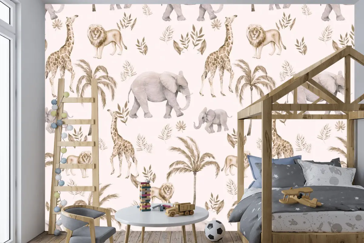 Çocuk Odası Bulutlu Çocuk Odası Duvar Kağıdı Palmiye Ağaçları Ve Safari Hayvanları