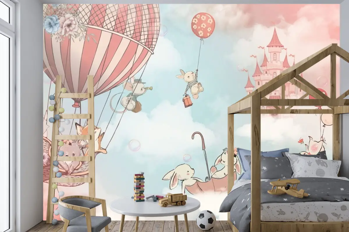 Bulutlu Çocuk Odası Duvar Kağıdı Gökyüzündeki Sevimli Hayvanlar