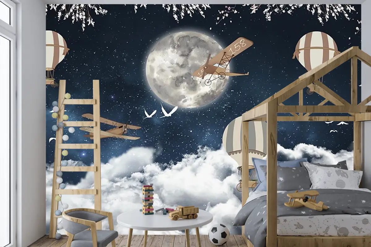 Çocuk Odası Duvar Kağıdı Ay Üzerinde Balonlar Ve Uçaklar