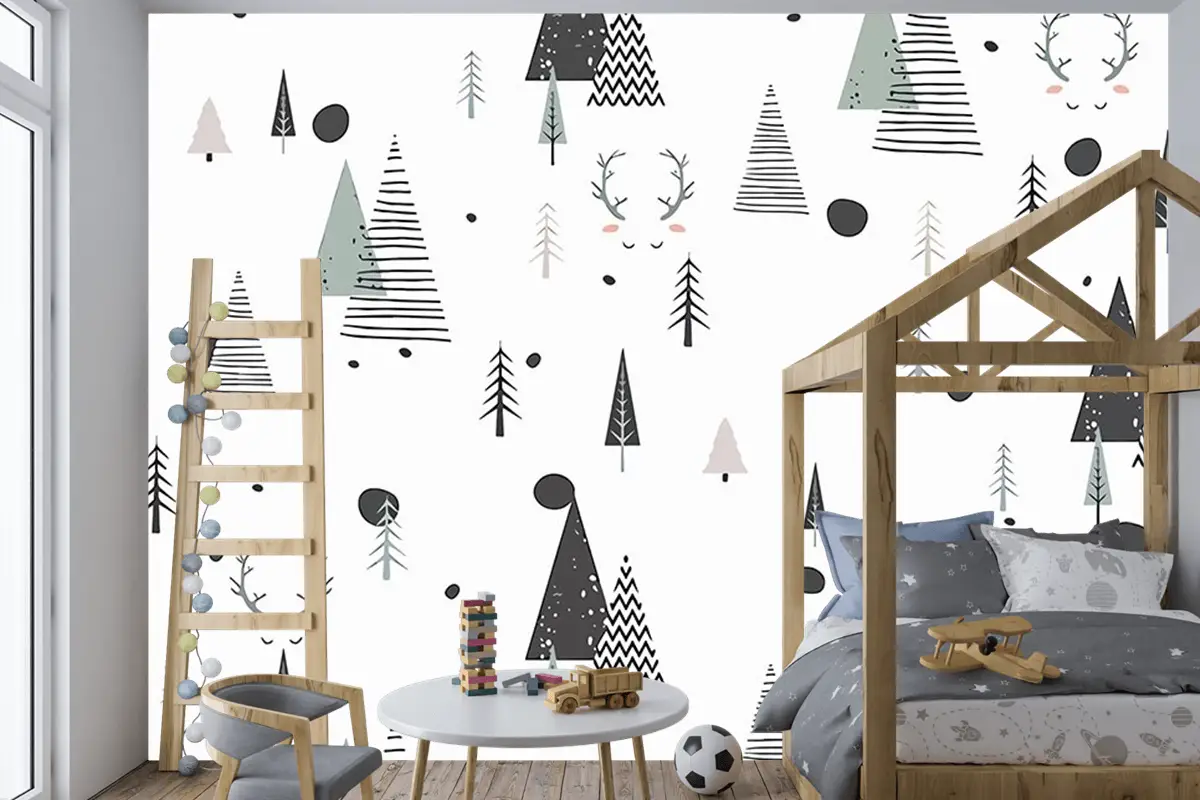 Çam Ağaçları Beyaz Arka Plan Çocuk Bebek Odası Duvar Kağıdı