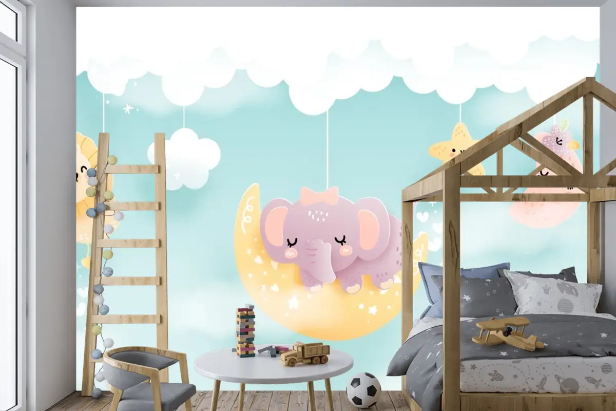Çocuk Odası Duvar Kağıdı Bulut Üzerinde Sevimli Hayvanlar