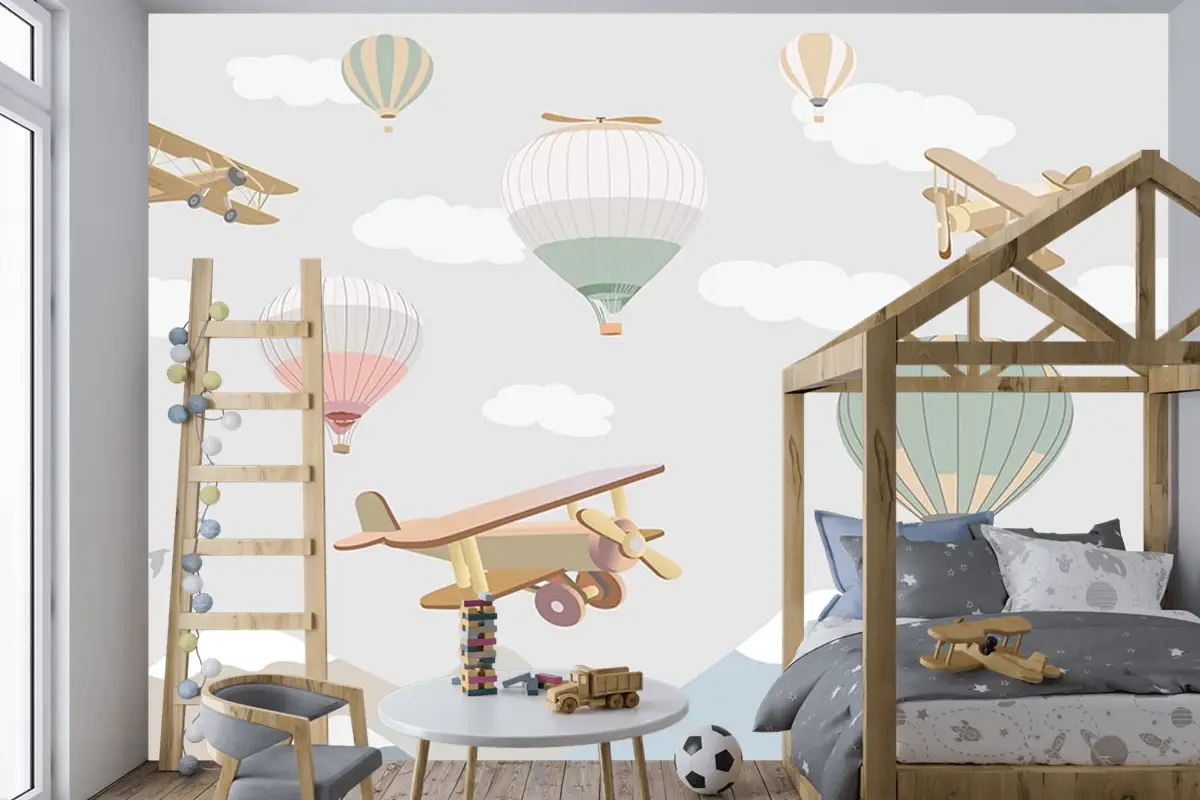 Çocuk Odası Duvar Kağıdı Bulutlar Üzerinde Uçaklar Ve Uçan Balonlar