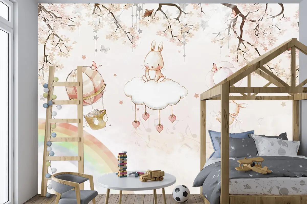 Çocuk Odası Duvar Kağıdı Gökyüzünde Sevimli Tavşanlar