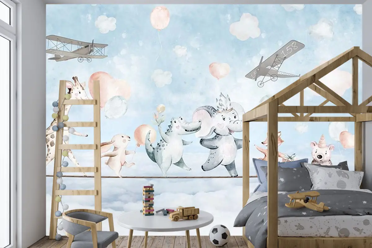 Çocuk Odası Duvar Kağıdı Ip Üzerinde Hayvanlar