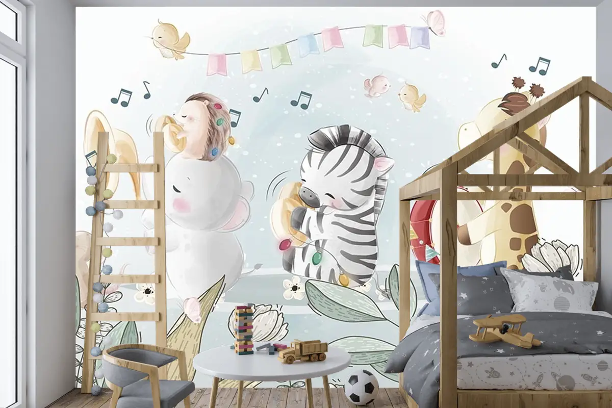 Çocuk Odası Duvar Kağıdı Müzik Çalan Sevimli Hayvanlar