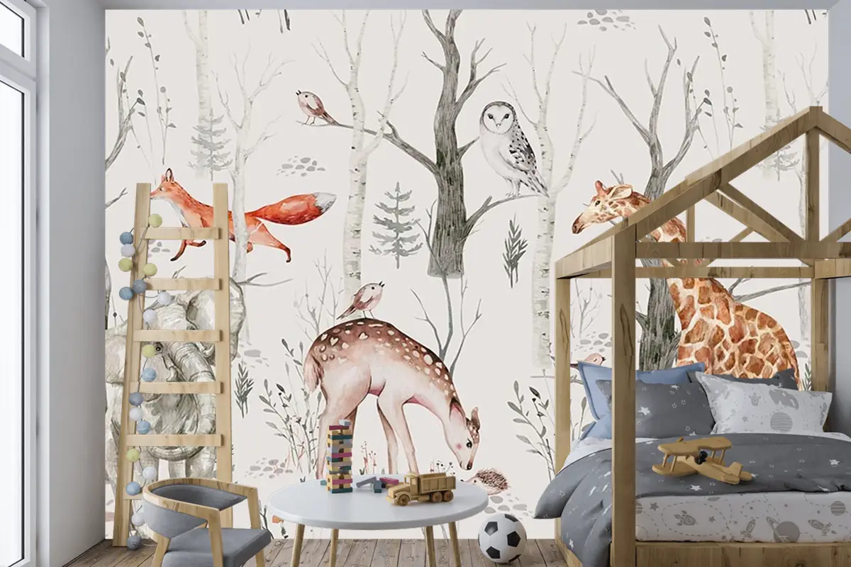 Çocuk Odası Duvar Kağıdı Ormanda Fil Zürafa