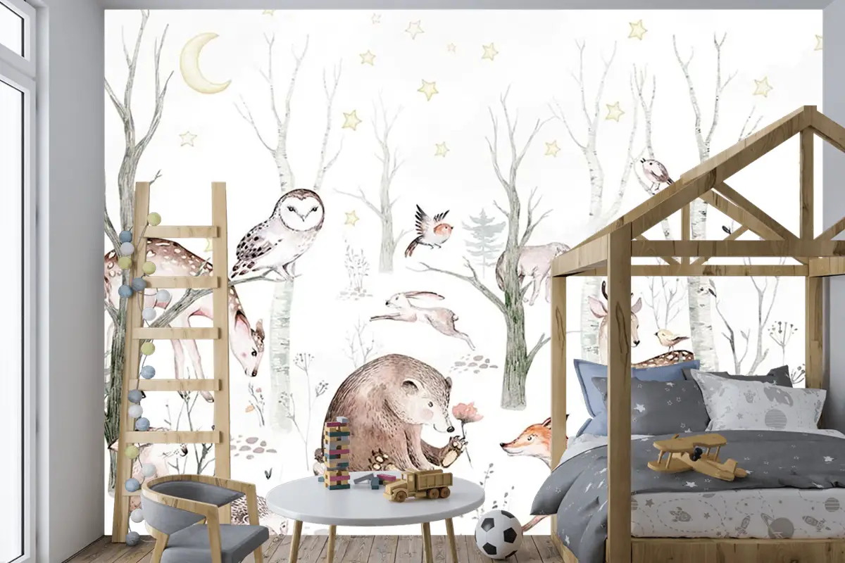 Çocuk Odası Duvar Kağıdı Ormandaki Sevimli Hayvanlar