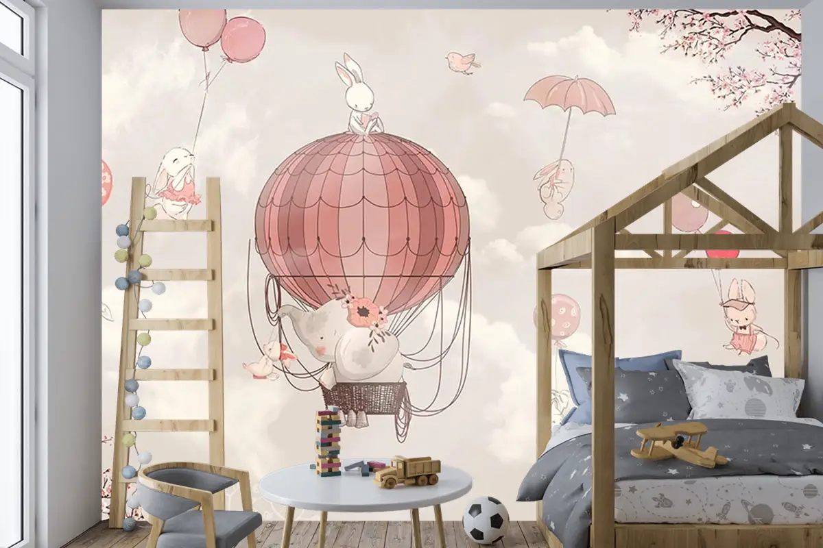 Çocuk Odası Duvar Kağıdı Uçan Balonlar Ve Sevimli Tavşanlar