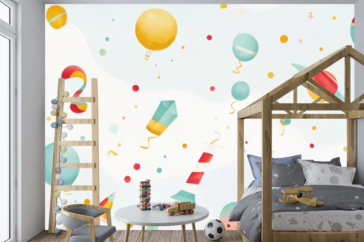 Bayraklı Renkli Balonlar Bayraklı Renkli Balonlar Çocuk Odası Duvar Kağıdı