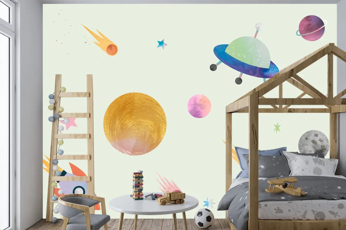 Sevimli Suluboya Tarzında Renkli Galaksi Desenli Arka Plan Çocuk Odası Duvar Kağıdı