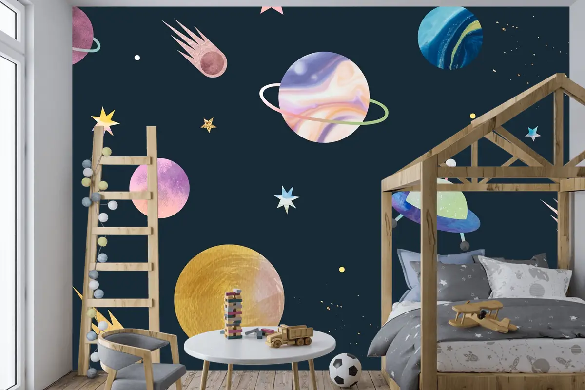 Siyah Çocuk Odası Duvar Kağıdı Duvar Üzerine Renkli Galaksi Suluboya Doodle