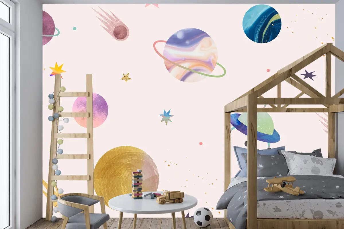 Pastel Arkaplanda Renkli Galaksi Suluboya Doodle Çocuk Odası Duvar Kağıdı