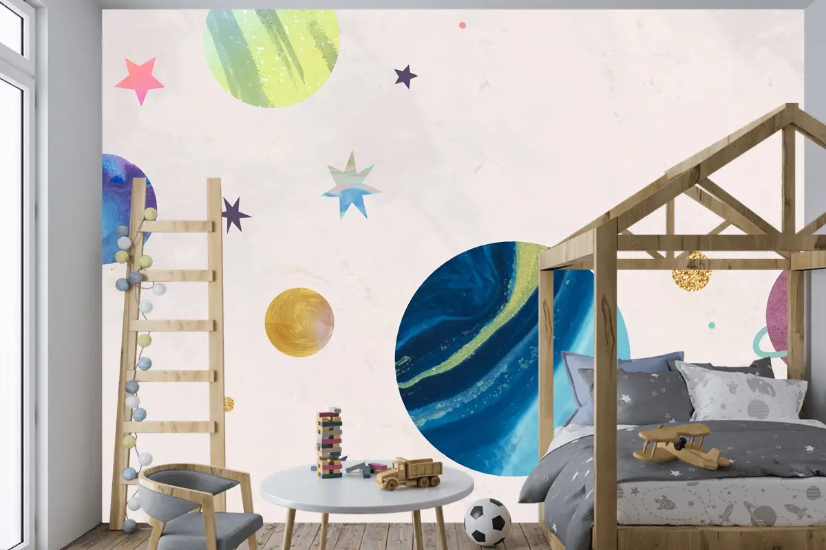 Pastel Çocuk Odası Duvar Kağıdı Duvar Üzerine Renkli Galaksi Suluboya Doodle