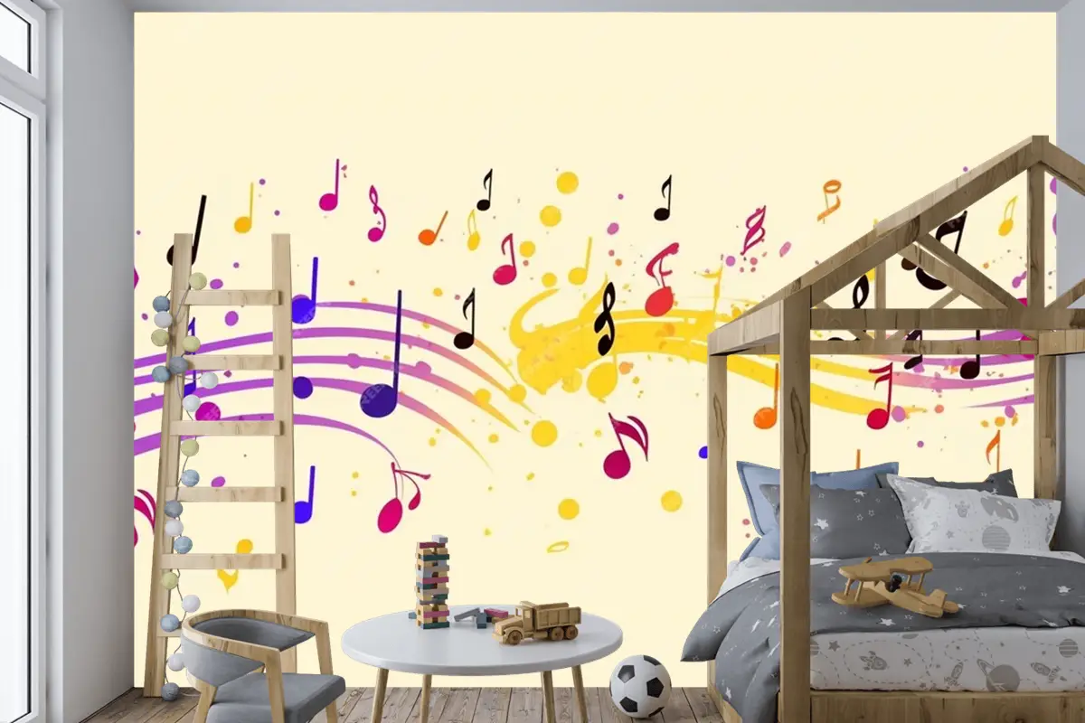 Renkli Müzik Notaları Sarı Arka Plan Çocuk Odası Duvar Kağıdı
