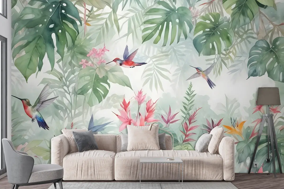 Küçük Kuşlar Duvar Kağıdı  Ile Renkli Tropikal Egzotik Kaktüs Çiçek