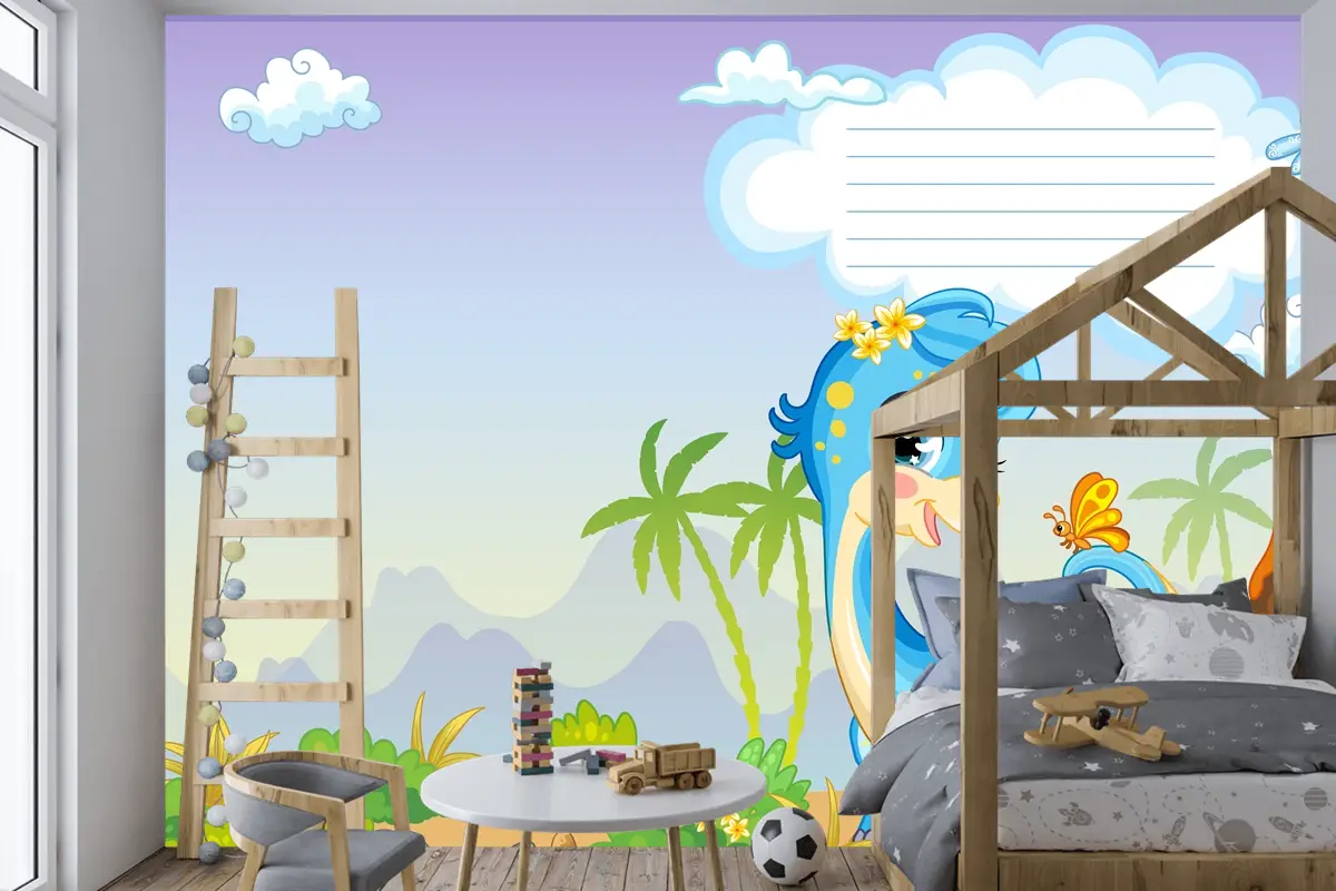 Sevimli Dinozor Mavi Diplodocus Çocuk Odası Duvar Kağıdı Ile Defter Kapağı