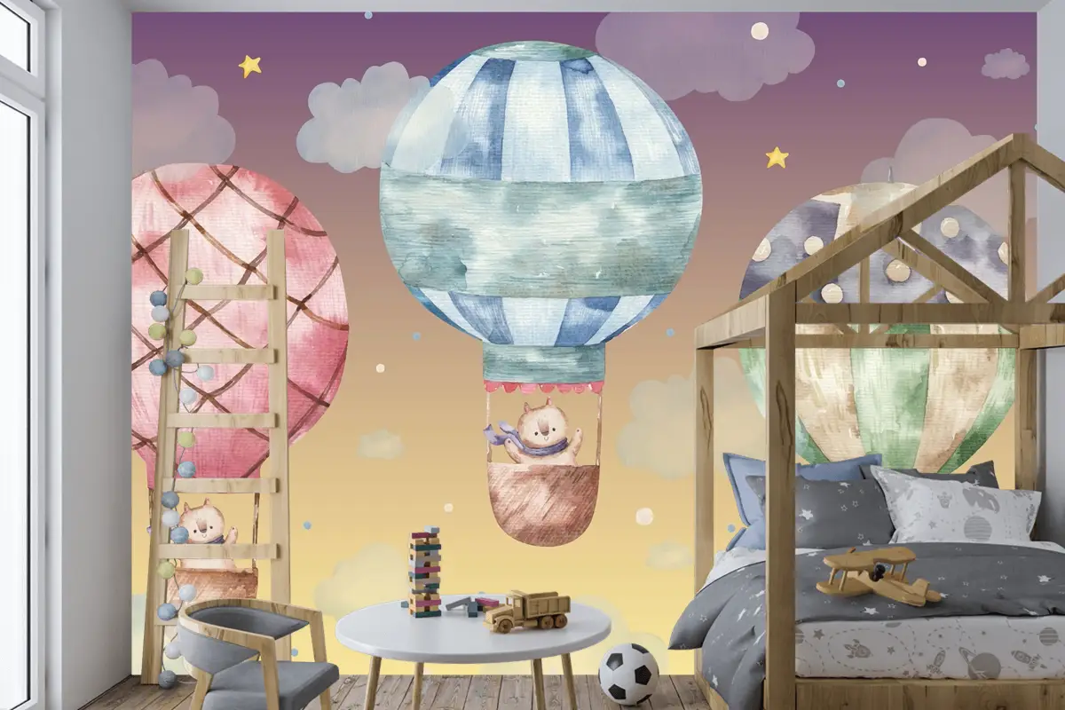 Renkli Balonların Üzerinde Uçan Sevimli Kahverengi Kedi Çocuk Odası Duvar Kağıdı