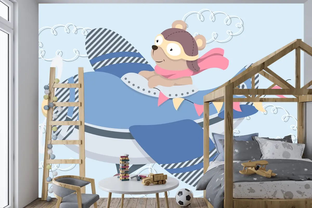 Aviator Gözlüklü Sevimli Karikatür Ayıcık Vintage Uçakta Uçan Deri Kask Ve Eşarp Çocuk Odası Duvar Kağıdı