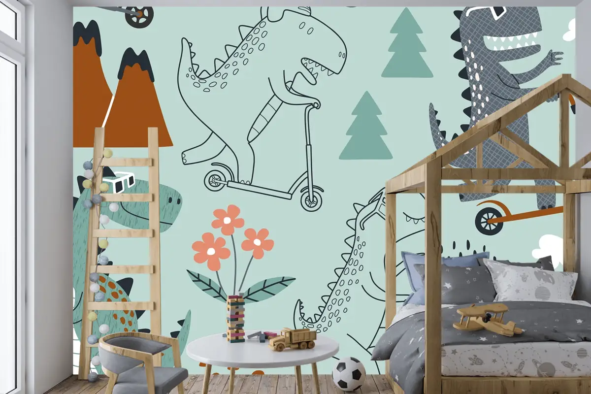 Sevimli Dinozor Scootera Biniyor Çocuk Odası Duvar Kağıdı