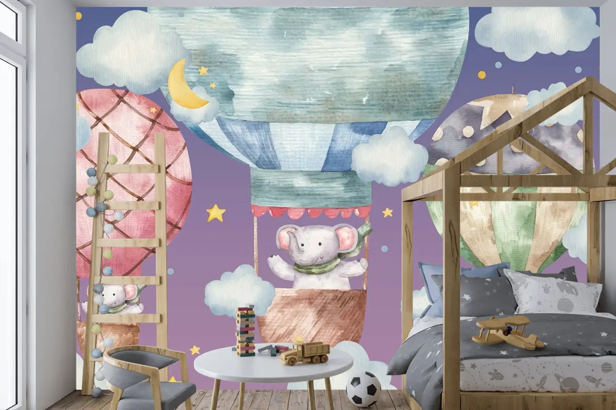 Sevimli Fil Renkli Balonların Üzerinde Uçar Çocuk Odası Duvar Kağıdı