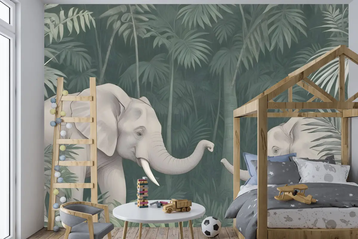 Tropikal Ormandaki Sevimli Filler Çocuk Odası Duvar Kağıdı