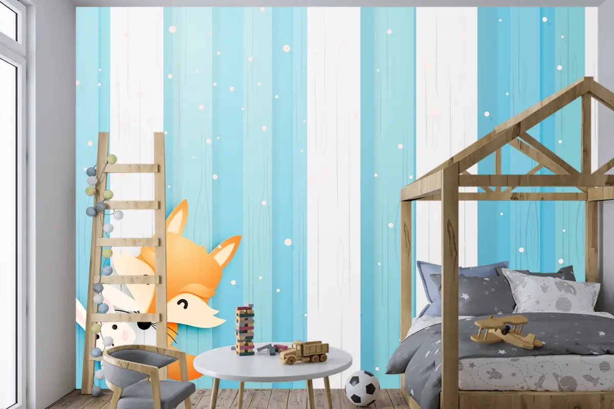 Kağıt Sanat Tarzı Pastel Düzeni Çocuk Odası Duvar Kağıdı Ile Ahşapta Sevimli Tilki Ve Tavşan