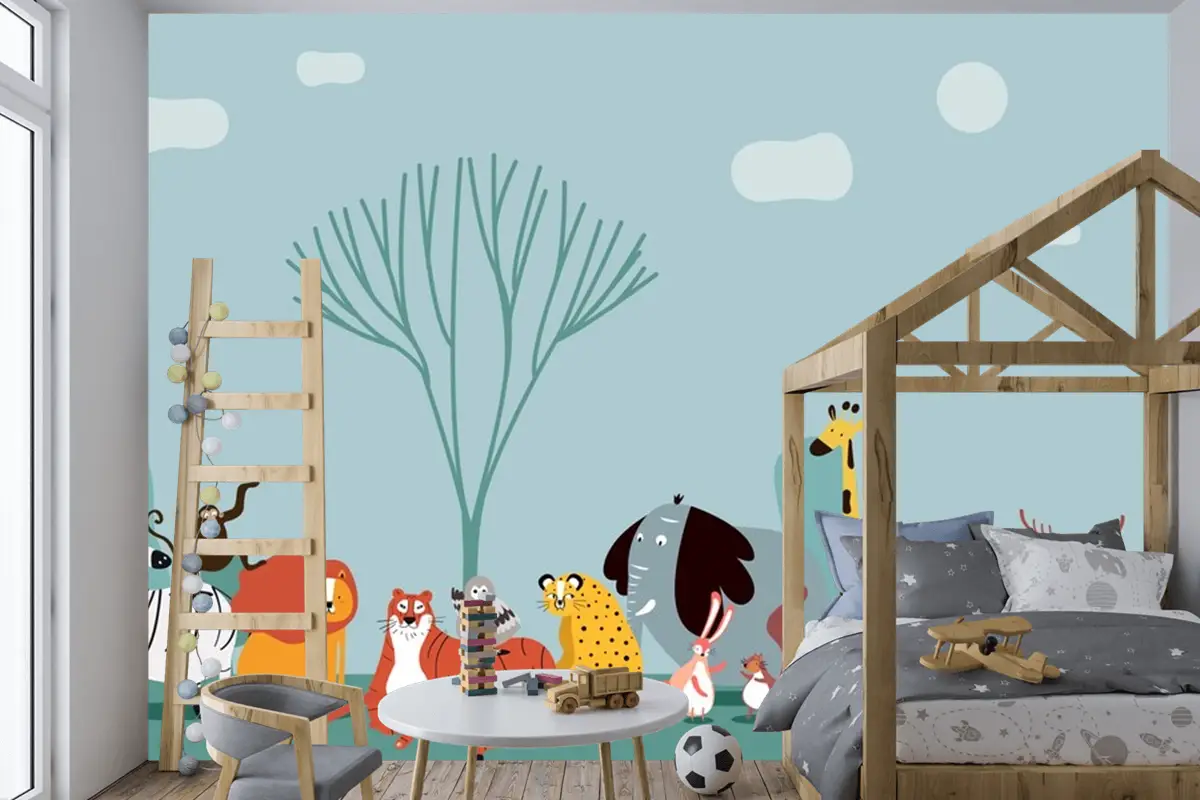 Vahşi Hayvanların Sevimli Grubu Çocuk Odası Duvar Kağıdı